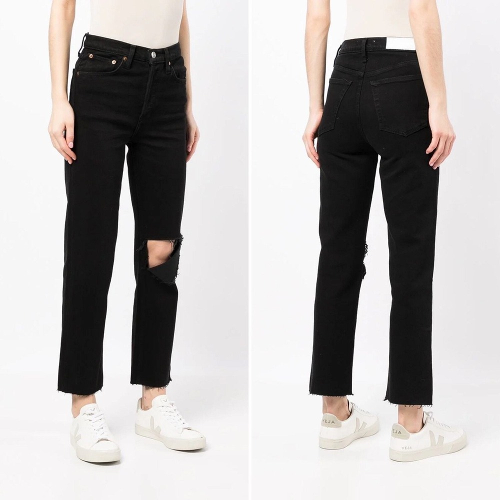 RE/DONE Originals 70s Stove Pipe Jeans Noir with‎ Rip Size 24 Black Straight Leg